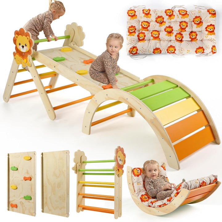 Pikler Triangle Set with Cushion, 7 in 1 Toddler Climbing Toys Indoor, Montessori Foldable Climbing Set, Wooden Climbing Toys for Toddlers 1-3 inside with Ramp, Arch and Ladder (Nature Wood)