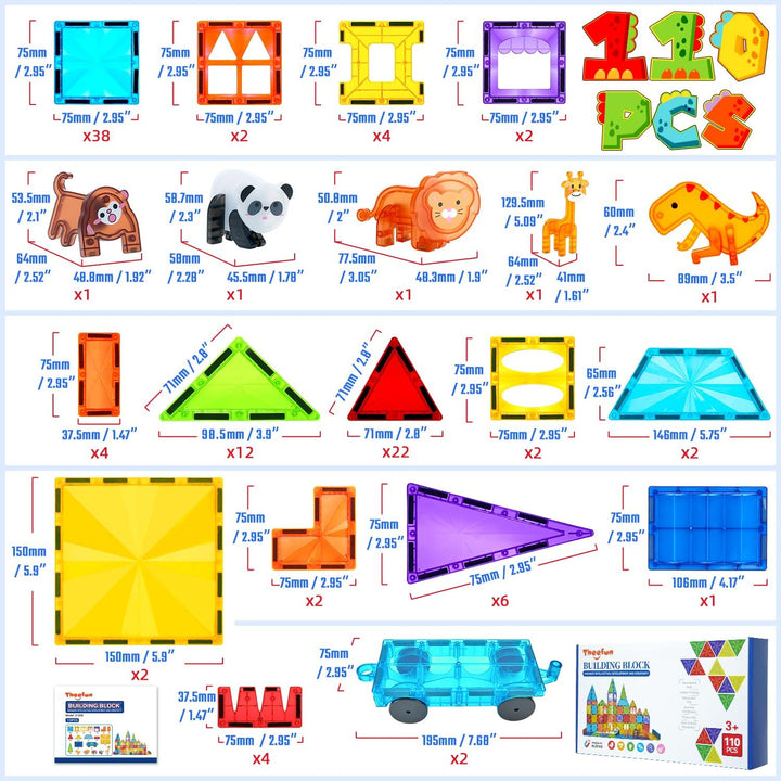Magnetic Tiles 110PCS 3D Animals Magnet Tiles with 2 Cars Kids Magnetic Building Blocks STEM Educational Magnet Toy Construction Playboards Toys Gifts for Boys Girls Toddlers 3 4 5 6 7 8 9 Year Old