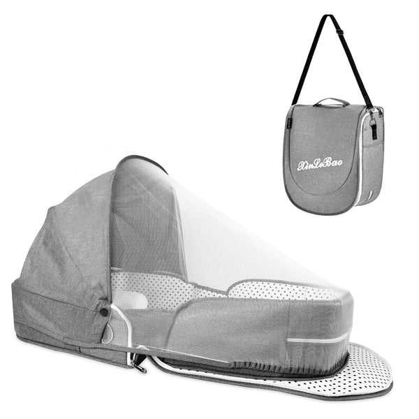 Portable Bassinet for Baby Travel Lounger Foldable Baby Co-Sleeping Bed with Mosquito Net + Cool Mat Carry Bag & Storage Pocket (Gray)