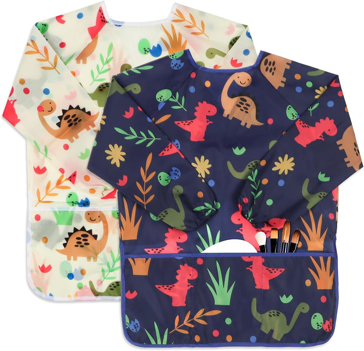 Kids Art Smocks 2 Pack Dinosaur Painting Apron for Children Waterproof Artist Smock with Long Sleeve and 3 Pockets for Age 3-8 Years