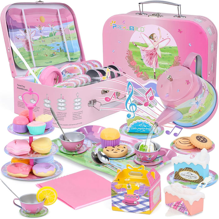 Tea Party Set for Little Girls, Princess Tea Time Toy Including Dessert,Cookies,Doughnut,Teapot Tray Cake, Tablecloth & Carrying Case,Kids Kitchen Pretend Play for Girls Boys Age 3-6