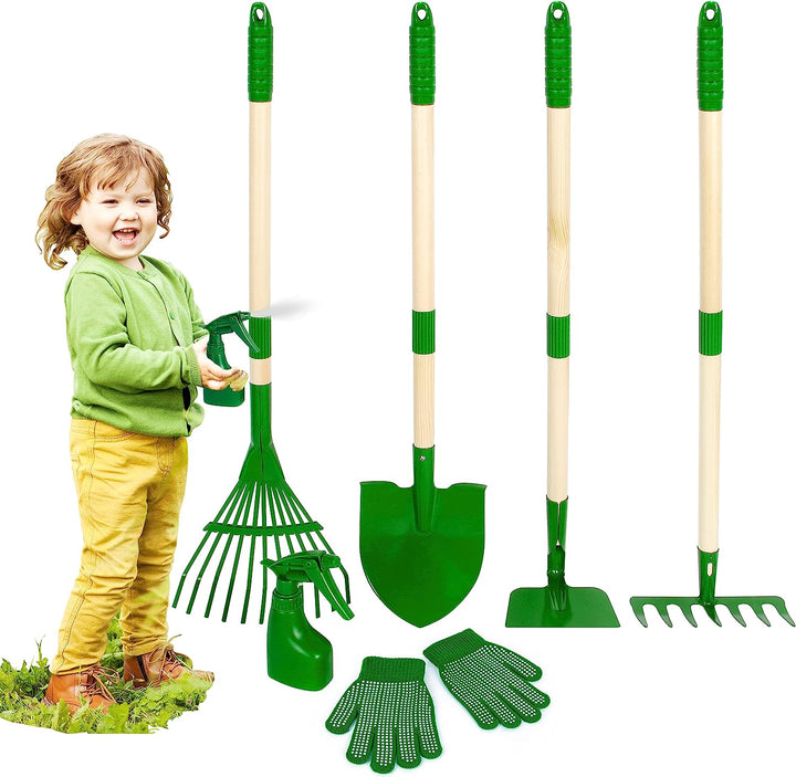 Kids Gardening Tools Set - 7Pcs Wheelbarrow Set for Kids with Shovel, Rake, Leaf Rake, Summer Outdoor Yard Digging Weed Toys, Halloween Birthday Gifts for Boys Girls Age 2 3+ Years Old(Green)