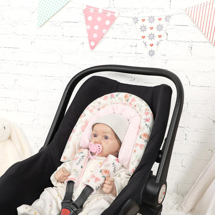 Baby Car Seat Head Support for Newborn,  2 in 1 Infant Car Seat Head Body Support with Strap Pads, Soft Stroller Cushion Pillow Insert for Girls, Fits for Stroller, Swing, Pink Floral