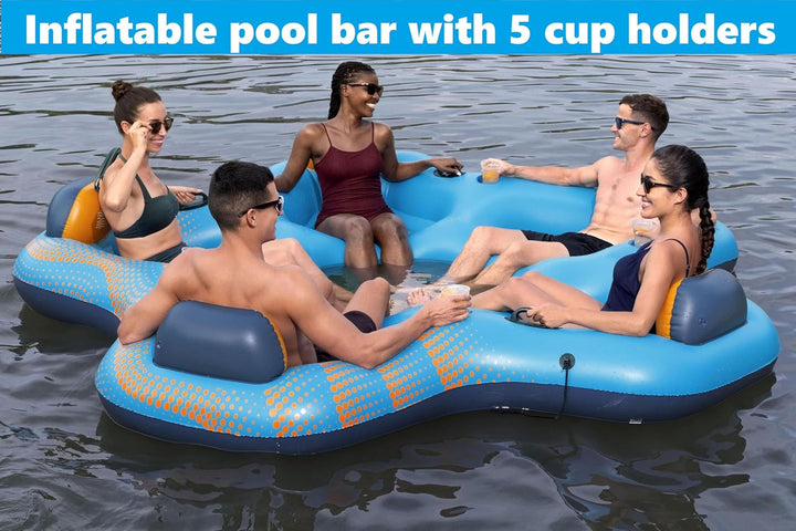 Inflatable Pool Bar for Adults - Floating Island for Lake - 5 Person Floats for Adults - Multi Person Float - Party Raft - Giant Inflatable Pool with Seats - Big and Family Raft for Lake