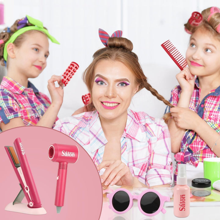 23 Pcs Hair Salon Girls Toys Kids Pretend Play Toys Toddler Dress up Beauty Salon Set Stylist Kit with Hairdryer Flat Apron Scissors Curling Accessories Girl Gifts (With Storage Bag)