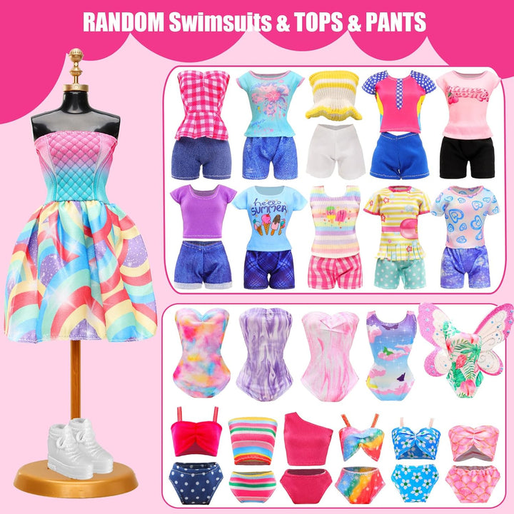 57 PCS Doll Clothes and Accessories 3 Wedding Gowns 3 Tops 3 Pants 3 Fashion Dresses 1 Evening Dresses 2 Swimsuits Bikini 6 Braces Skirt 10 Hangers 15 Shoes and 14 Accessories Toys for 11.5 Inch Doll