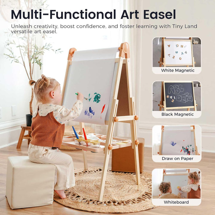 Easel for Kids, Double-Sided Magnetic Easel, Adjustable Wooden Kids Art Easel with Paper Roll, Learning-Toy for 3,4,5,6,7,8 Years Old Boy & Girls
