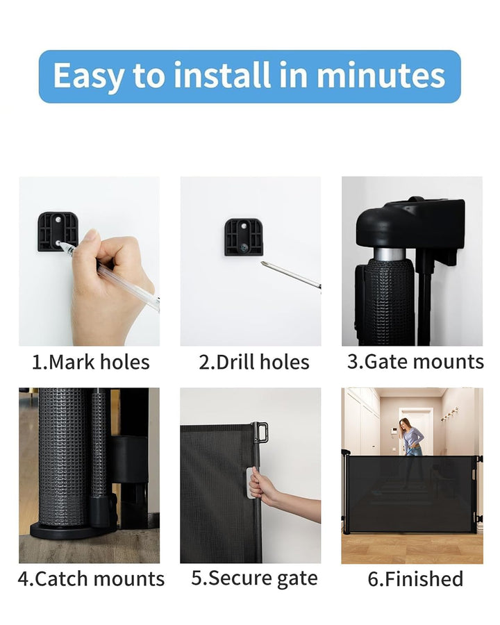 Retractable Baby Gate for Doorways and Stairs, Mesh Safety Gate for Pet, Indoor & Outdoor Use, One-Hand Operation, Easy Installation, 33.6" Tall, Expands to 55" Wide（Black,33.6"X55")