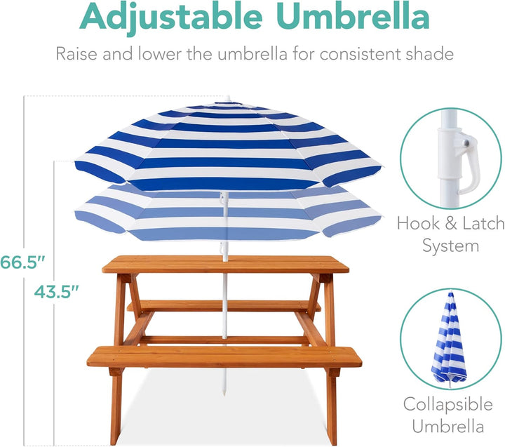 Kids Wooden Picnic Table, Outdoor Activity & Dining Table W/Adjustable Collapsible Umbrella, Built-In Seats - Golden Brown/Navy