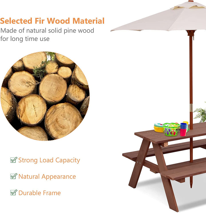 Kids Picnic Table, Wooden Childrens Table & Bench Set with Removable Umbrella, Kids Patio Furniture for Backyard, Garden, Kids Table and Chair Set for Outdoors (Natural)