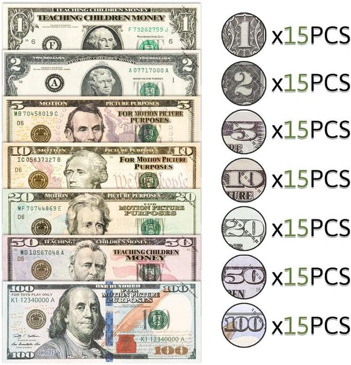 105 Pcs Fake Money Prop Money Play Money for Number Learning Education Toys for Girls Boys,Realistic Dollar Bills for Movie, Videos Music Party