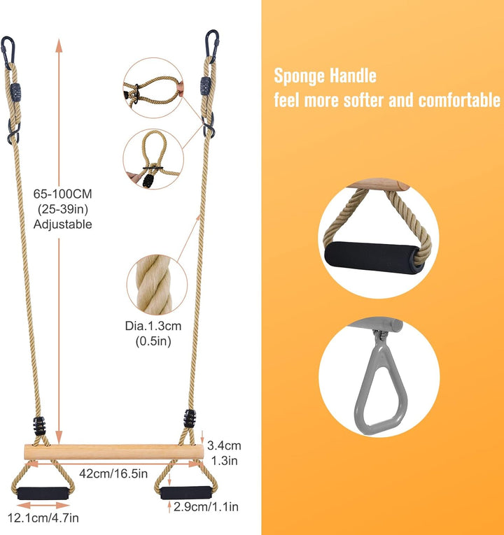Wooden Trapeze Swing Bar with Gym Rings for Children'S Swing Set Indoor Outdoor Garden,Yard,Playground
