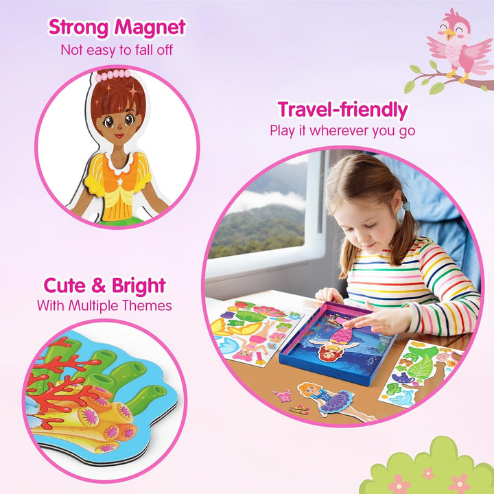Magnetic Dress up Dolls for Girls, Princess Mermaid Fairy Ballerina Magnet Dolls Dress up Kits, Travel Game Car Road Trip Airplane Activity Toys Birthday Gifts for Toddler Girls Ages 3 4 5 6 7