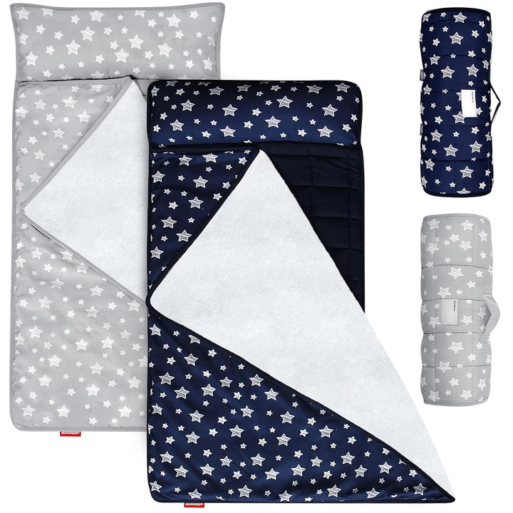 Toddler Nap Mat with Fleece Minky Blanket, Lightweight, Soft Perfect for Kids Preschool, Daycare, Travel Sleeping Bag Boys and Girls, 21" X 50" Fit Standard Cot