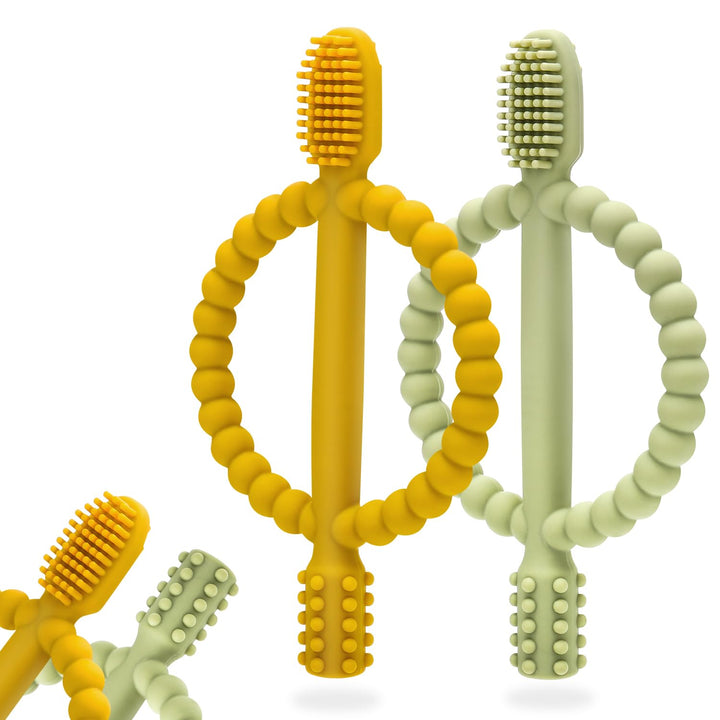 Baby Teething Toys with Easy-Hold Handle, Silicone Infant Toothbrush, Textured on Both Sides Helps Massage, Soothe Sore Gums, Teething Toys for Babies 0-6 Months, 6-12 Months Bright Green & Caramel