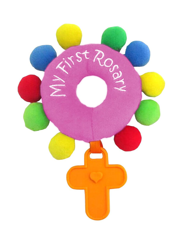 Baby Rosary Rattle My First Rosary Baptism Gift Plush Joyful Pink