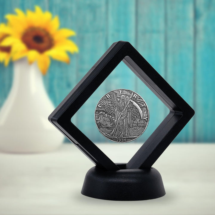 10Pcs Coin Holder Challenge Coin Display Stand, Black 3D Floating Display Case for AA Coin Medallions Jewelry Rock Gem Arrowhead Collecting and Display (2.75×2.75×0.8 Inches)