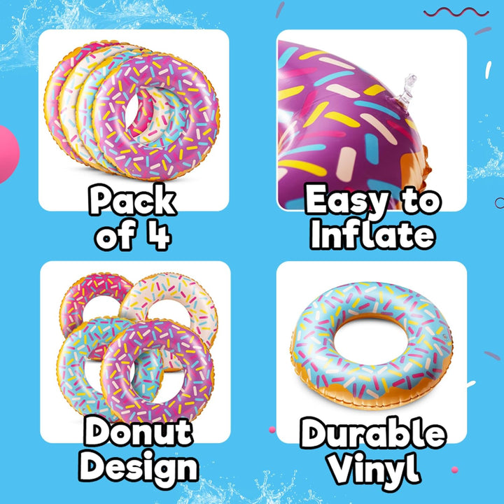 Inflatable Donuts - (Pack of 4) 24 Inch Donut Pool Float for Kids Ages 2-6 Pool Tube, Assorted Swim Rings with Sprinkles for Pool Floaties, Party Decorations