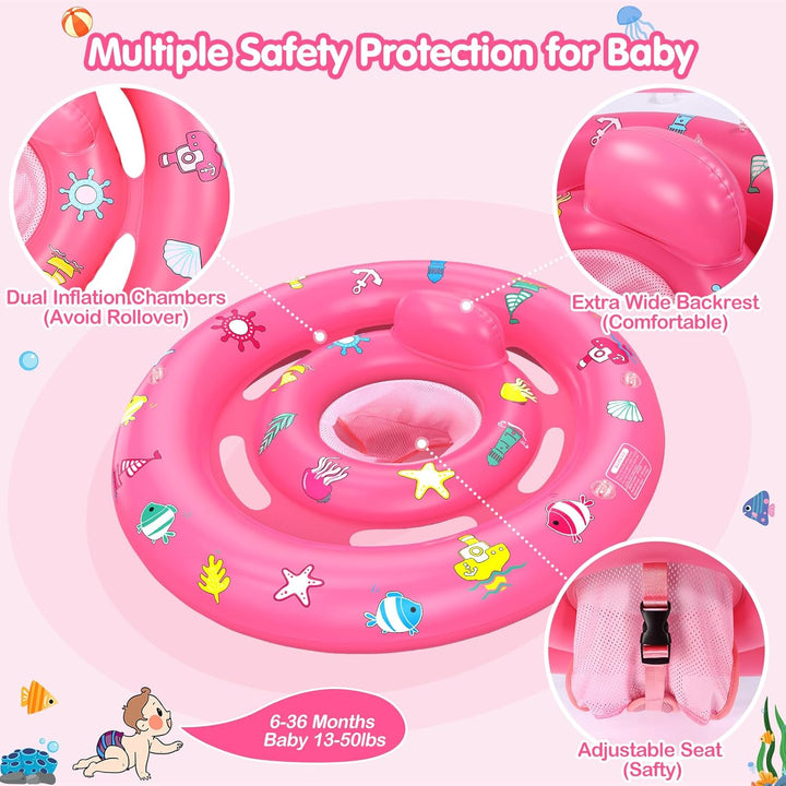 Baby Pool Float with Canopy, Inflatable Baby Swim Float with UPF50+ Sun Protection, Toddler Infant Pool Float with Toy Play Console Adjustable Safety Seat for Kids Girls Boys Aged 6-36 Months