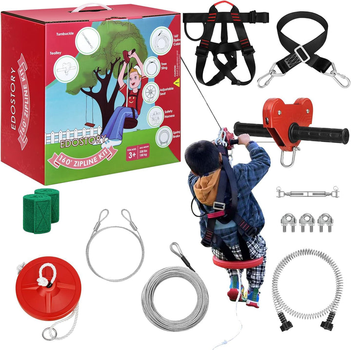 160 Feet Backyard Zip Line Kit for Kids and Adult up Outdoor to 330Lb with Stainless Steel Ziplines Spring Brake and Safety Harness, Christmas and Birthday Gifts for Kids(Red)