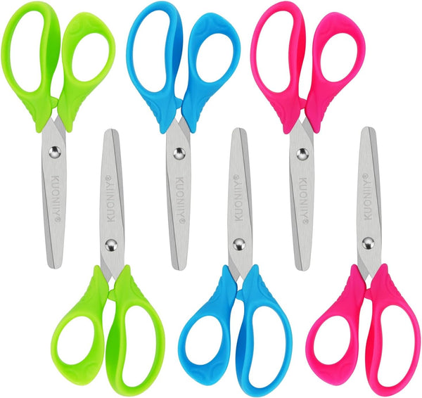 Kids Scissors with Comfort Grip Handles, 5 Inch Blunt Scissors for School and Classroom, Blue, Green, Pink, 6 Pack