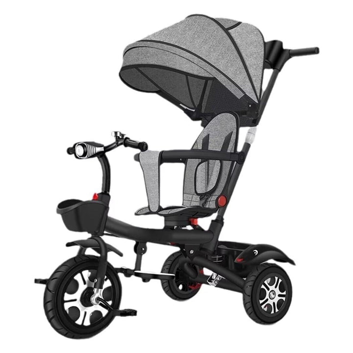 Folding Toddler Stroller Buggies, Parent Steering Tricycle with Pushrod, Children Pram Headlight and Shock Spring, Reversible Seat Guardrail Belt(Black Purple)