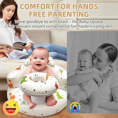 Inflatable Baby Floor Seat with Safety Harness, Baby Chair for Sitting up (3 Months & Up), Portable Blow up Baby Stuff for Infants with Built-In Pump (Dinosaur)
