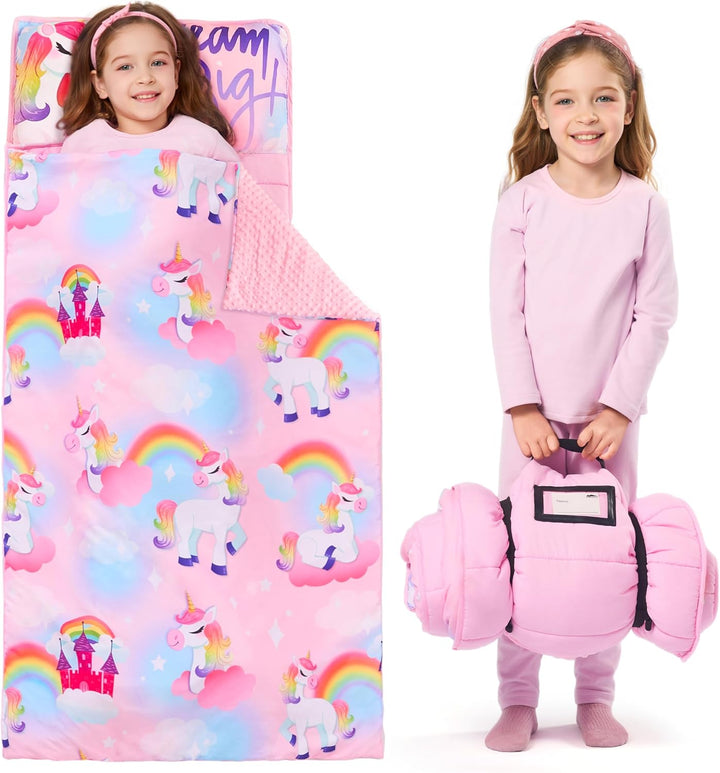 Toddler Nap Mat for Preschool 55''X30'' Sleeping Mat with Removable Pillow and Minky Blanket for Kids Ages 3-7 Roll up Soft Kids Sleeping Bag for Boys Girls Kindergarten Daycare Sleepover