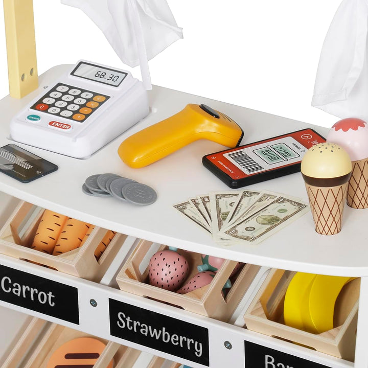 Kids Grocery Store Playset,Pretend Play Store Toy & Wooden Supermarket Shopping Cart with Toy Cash Register, Play Money&Blackboard;26Pcs Food Toys Shop for 3+ Year Old Boys Girls Toddler Baby