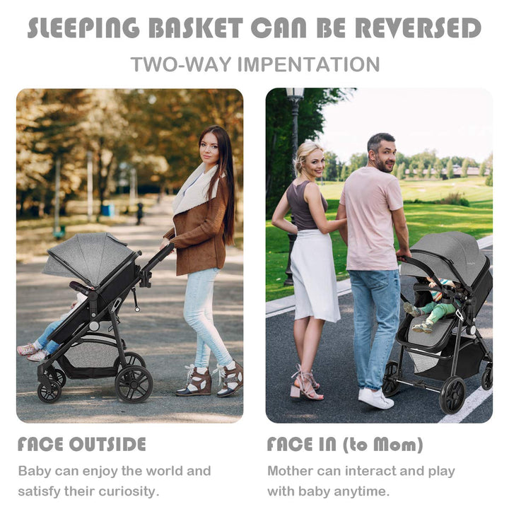 Baby Stroller, 2 in 1 Convertible Carriage Bassinet to Stroller, Pushchair with Foot Cover, Cup Holder, Large Storage Space, Wheels Suspension, 5-Point Harness (Gray)