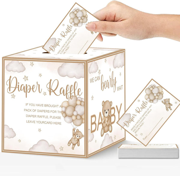 51 Pcs Bear Diaper Raffle Tickets with Diaper Raffle Card Box for Baby Shower Supplies, Brown Bear Themed Insert Card, Advice and Wishes Insert Ticket
