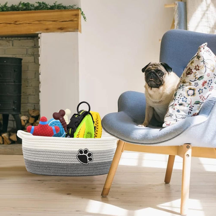 Small Woven Baskets for Organizing Rope Storage Basket with Handle Cute Cotton Basket for Nursery Gift Dog Toy Storage Bins for Toy Organizer Grey-White