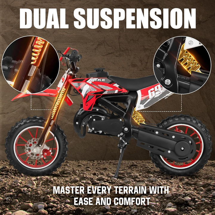 49CC 2-Stroke Engine Kids Dirt Bike Gas Powered, Dual Suspension Off-Road Motorcycle for Kids Ages 13+, Front & Rear Disc Brakes, 28 MPH Max Speed, Supports up to 220LBS, with Armor