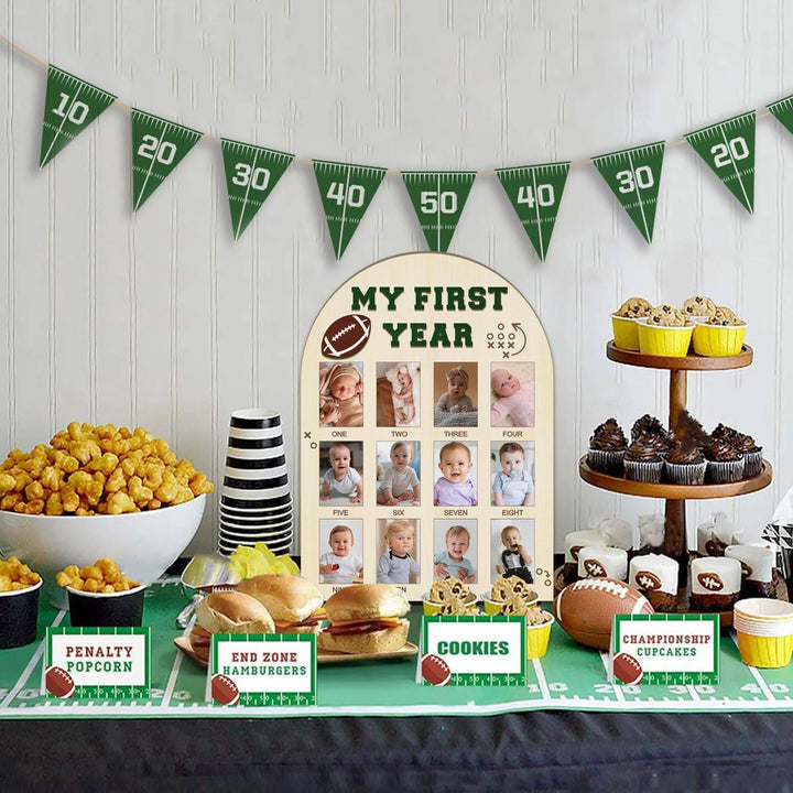 My First Year Photo Board - Baby'S First Year Photo Frame 12 Months Milestone Board Football Photo Display Wood Board 1St Birthday Picture Frame Decorations (Fits 2" X 3" Photo) ﻿