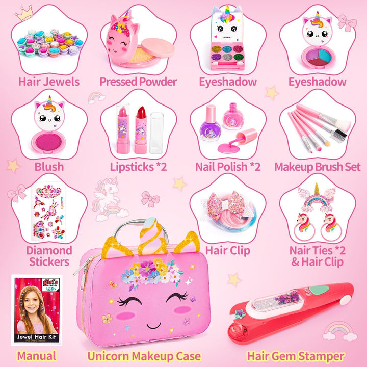 Kids Makeup Kit for Girls Toy – Washable Play Make up Set & Hair Gem Stamper, Bling Hair Jewel Accessories, Princess Dress up Toddlers Christmas Birthday Gift Ideal for Girls 3 4 5 6 7 8-12 Years Old