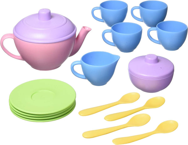 Tea Set, Pink CB - 17 Piece Pretend Play, Motor Skills, Language & Communication Kids Role Play Toy. No BPA, Phthalates, PVC. Dishwasher Safe, Recycled Plastic, Made in USA.