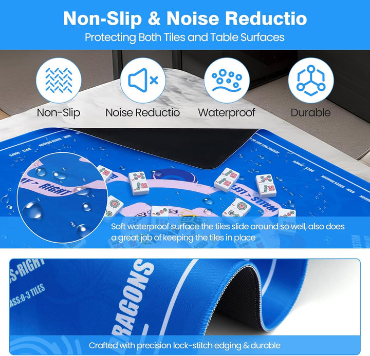 Mahjong Mat (33"X33") Noise Reduction Non-Slip, American Mahjong Mat for Table with 3 Dice & Carrying Bag, Waterproof Surface Mah Jongg Mats for Poker, Card, Dominoes, Board & Tile Games (Blue)