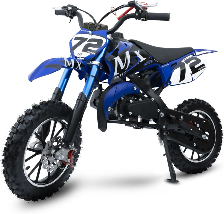 49CC Gas Dirt Bike for Kids 24 MPH Max Speed, Front/Rear Disc Brakes, Dual Suspension, Easy Pull Start - Mini Off-Road Motorcycle, with Armor 250 LBS Capacity Red