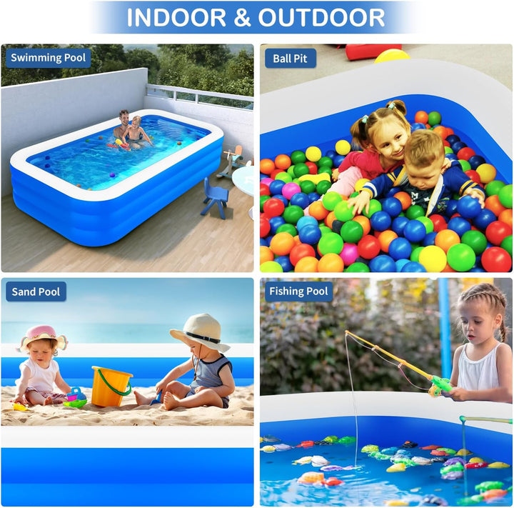 Large Inflatable Swimming Pool, 145" X 74" X 22" Extra Large Blow-Up Kiddie Pool with Repair Patch, Family Swimming Pool for Backyard, Summer Water Party, Indoor Outdoor
