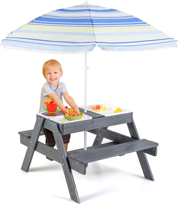 Kids Picnic Table with Sensory Bins, 4 in 1 Sand and Water Table with Height Adjustable Umbrella, Removable Tabletop for Outdoor Backyard Patio Play