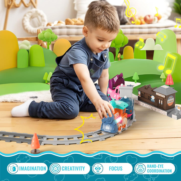 Electric Train Set for Toddlers & Kids W/Music, Lights & Tracks - First Choo Choo Train, Magnetic Connection, Birthday Gifts for Boys and Girls