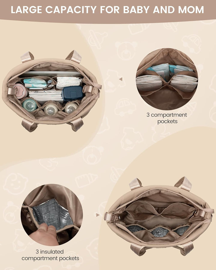 Diaper Bag Tote, 15.6Inch Puffer Baby Diaper Bag Waterproof Travel Diaper Tote with Changing Pad Pacifier Case