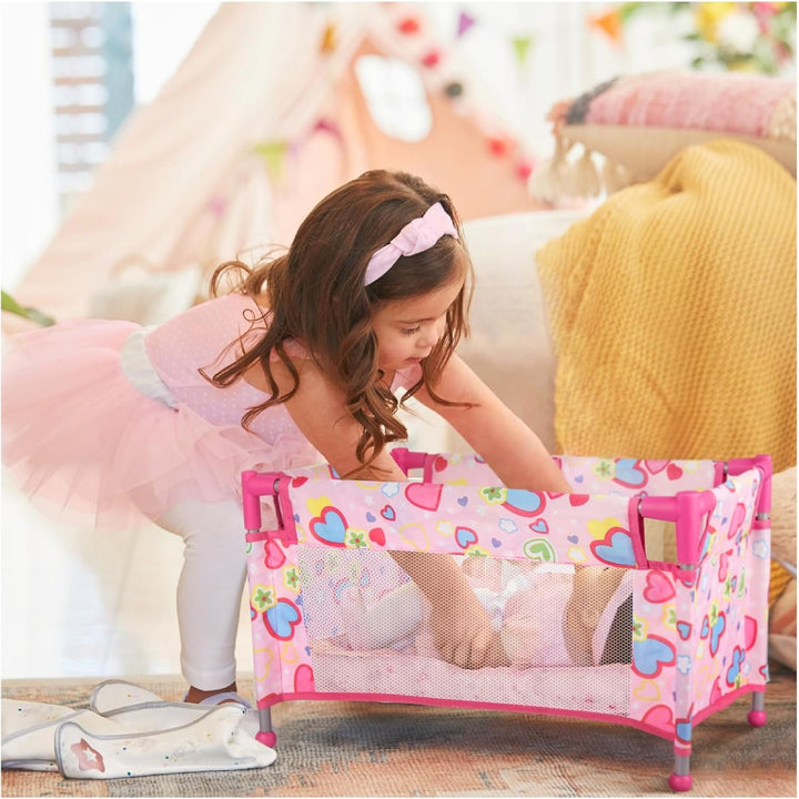 Toy Baby Doll Crib for 18'' Dolls, Cute Pink Heart Designed Baby Doll Bed with Carry Bag, Toy Crib Doll Furniture for 3 Years+ Girls