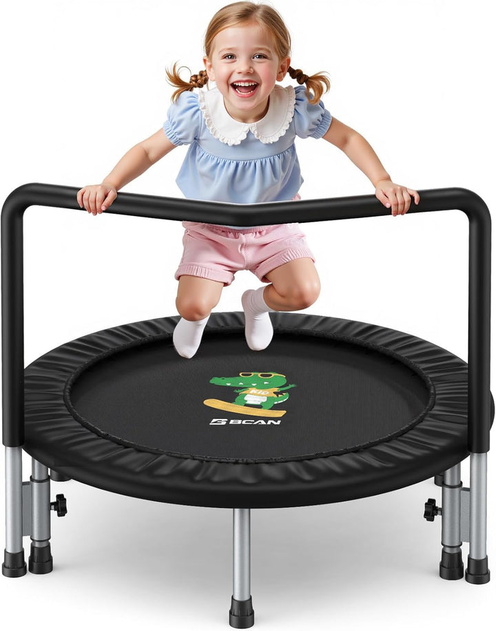 36'' Mini Folding Ages 2 to 5 Toddler Trampoline with Handle for Kids, Two Ways to Assemble the Handle, Indoor/Garden Toddlers Trampoline with Super Safe Cover for Toddlers
