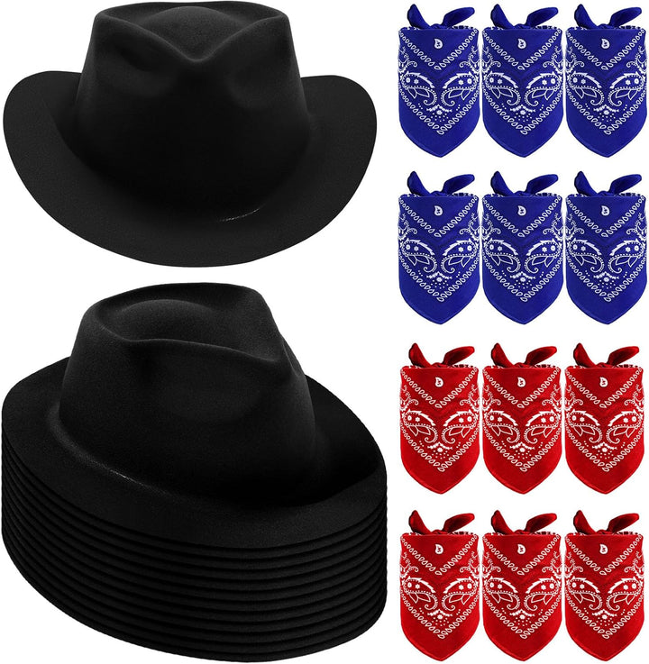 24 Pieces Western Cowboy Hat Set, Felt Cowboy Themed Party Hats with Paisley Bandanas for Kids Costume Party(Brown, Red, Blue)