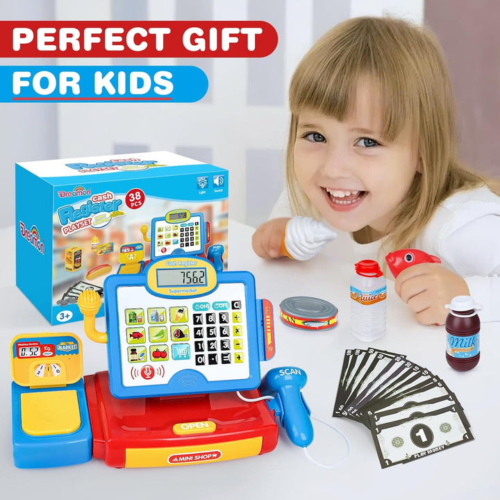 Cash Register Toy for Kids with Real Calculator, Cashier Register with Scanner/Weighter/Credit Card/ Play Money/ Food/Microphone, Pretend Play Store with Apron and Shopping Bag for Kids 3 4 5 6 7