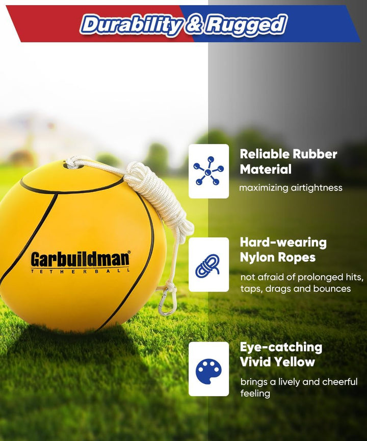 8" Regulation Sized Tetherball, Rubber Tether Balls and Rope Set for Outdoor Backyard Game, Portable Replacement Tether Ball with Carabiner, Ball Pump for Kids Adults & Dogs