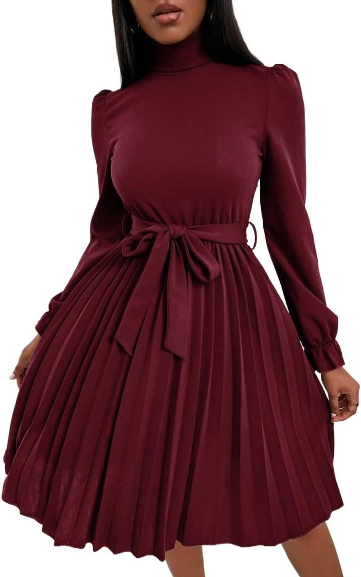 ROLVK Women'S Casual Dresses Turtleneck Flounce Sleeve Pleated Hem Belted Dress Charming Mystery Special Beautiful