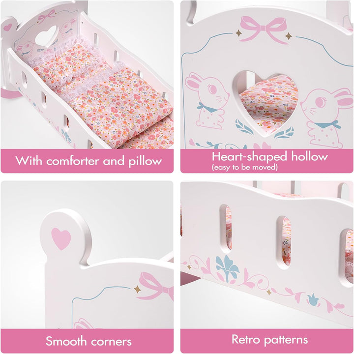 Wooden Baby Doll Crib, Baby Doll Bed Toys, for Dolls up to 18 Inch, Doll Accessories - with Mattress, Pillow, Quilt, Gift for Boys & Girls, Ages 3+