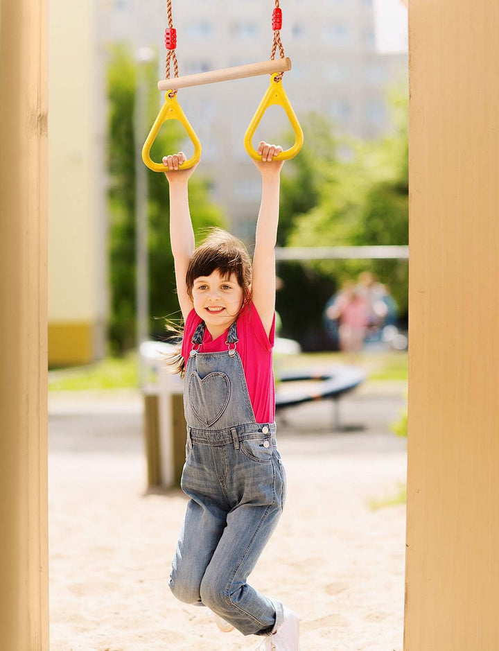 Trapeze Bar Swing Set Hanging Bar Rings for Kids 18" Wooden Swing Bar Heavy Duty Carabiner for Kids Backyard Outdoor Play